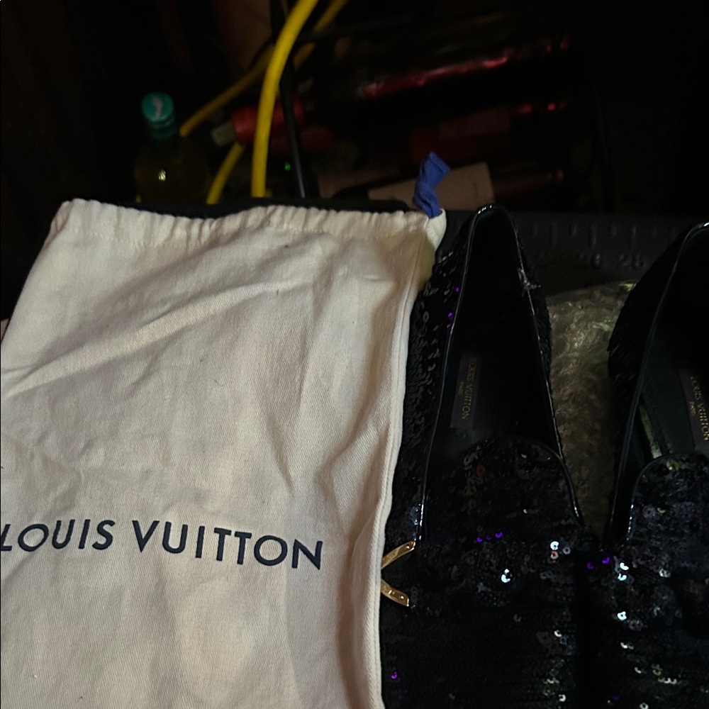 Louis Vuitton Black Sequin Loafers with Gold-Tone Accents - Picture 2 of 6
